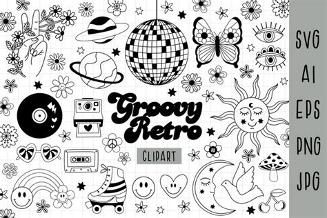 Retro Clipart, Black and white, Groovy Hippie, Retro Flower