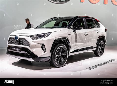 Paris, France, October 02, 2018: metallic white Toyota RAV4 Hybrid at ...