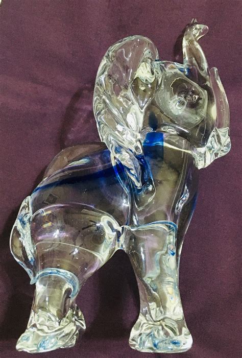 Glass Infant Elephant Figurine Clear with Cobalt Blue Inside Tall at 8 1/2