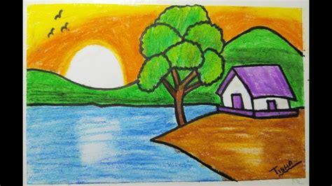 How To Draw Easy Sunset Scenery In The Lake For Beginners ...