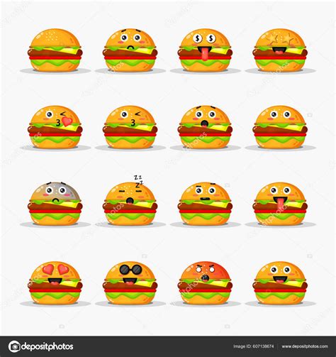 Cute Burger Emoticons Set Stock Vector by ©tridatustudio #607138674