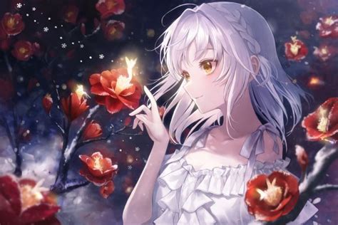 Wallpaper : anime girls, white hair, yellow eyes, long hair, flowers ...