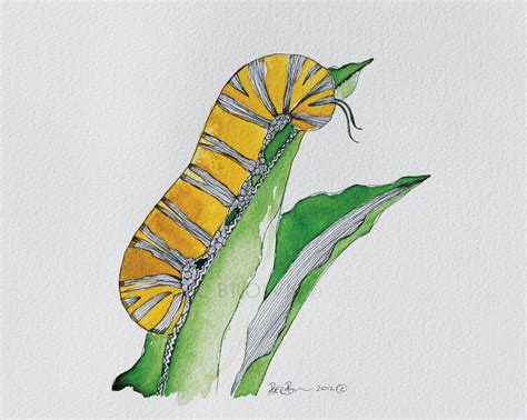 Caterpillar on Leaf Watercolour Zentangle Art Drawing