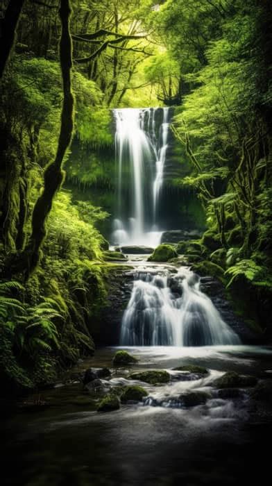 A waterfall in a lush forest, long exposure photography, capturing the ...