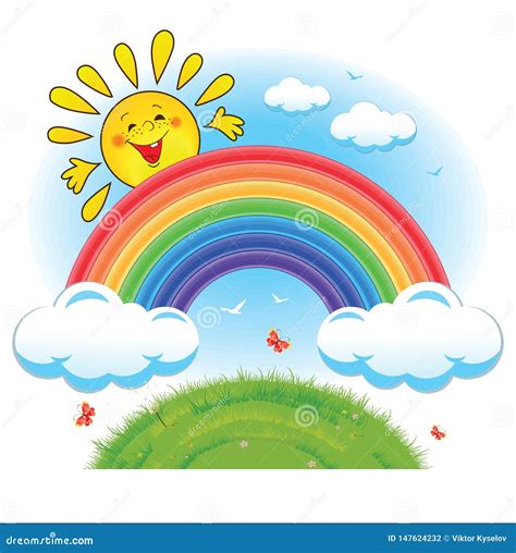 Rainbow, clouds and sun stock vector. Illustration of home - 147624232