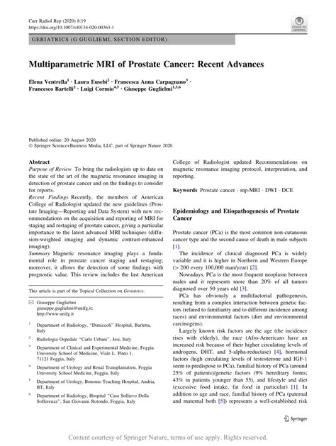 Multiparametric MRI of Prostate Cancer: Recent Advances | Request PDF