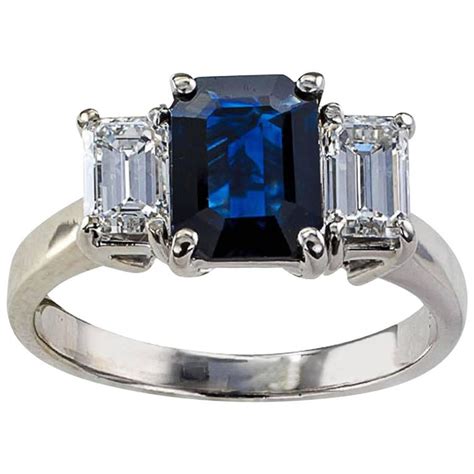 Emerald-Cut Blue Sapphire and Diamond Three-Stone Ring at 1stDibs ...