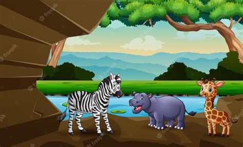 Premium Vector | Cartoon wild animals in the cave entrance