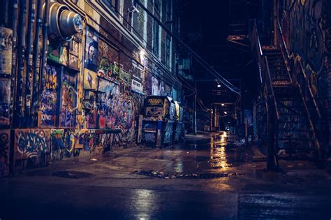 photography, Street, Alleyway, City, Night, Graffiti, Reflection ...