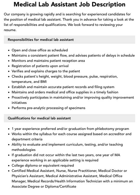 Medical Lab Assistant Job Description | Velvet Jobs