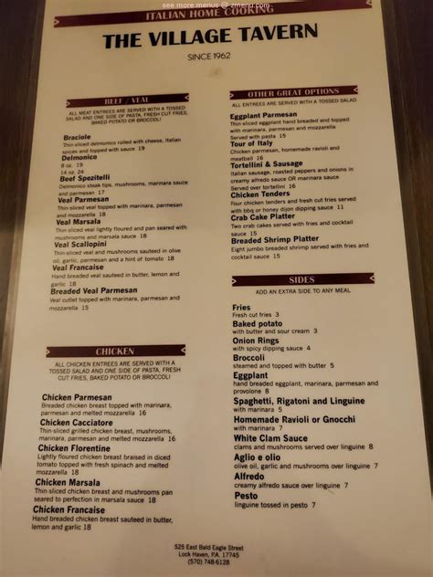 Menu at Village Tavern restaurant, Lock Haven