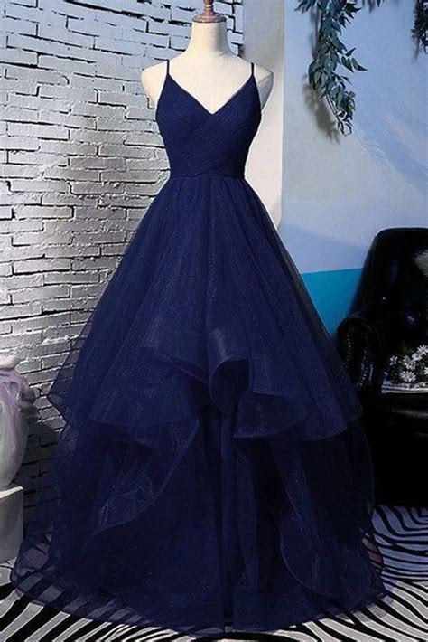 Fluffy V Neck Navy Blue Long Prom Dress With Straps, V Neck Navy Blue ...