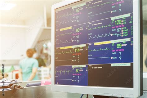 Monitoring of ECG, blood pressure, saturation of the patient in ICU ...