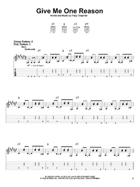 Give Me One Reason by Tracy Chapman Sheet Music for Easy Guitar Tab at ...