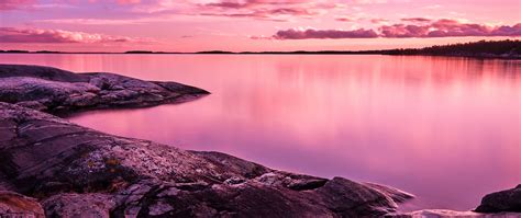 Sunset Wallpaper 4K, Scenery, Lake, Rocks, Pink sky