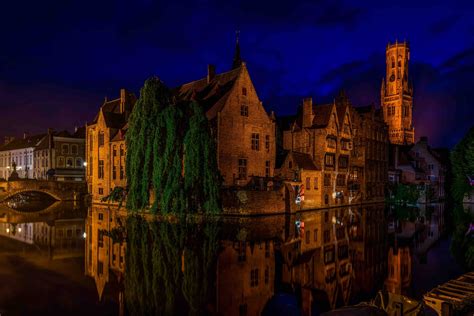 Download Reflection Building Canal Night Belgium Man Made Bruges HD ...