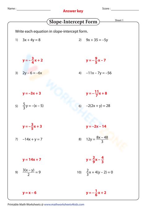 Free Answer Key Slope Intercept Form Worksheet Collection