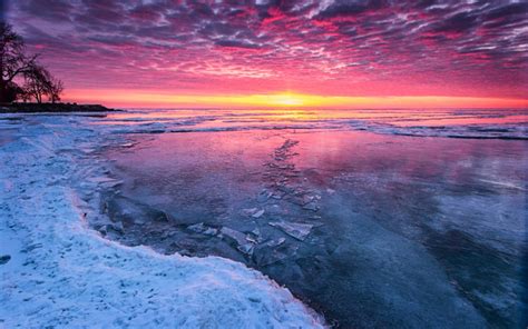 ice, Winter, Lake, Sunset, Sunrise, Sky, Clouds, Beaches, Shore