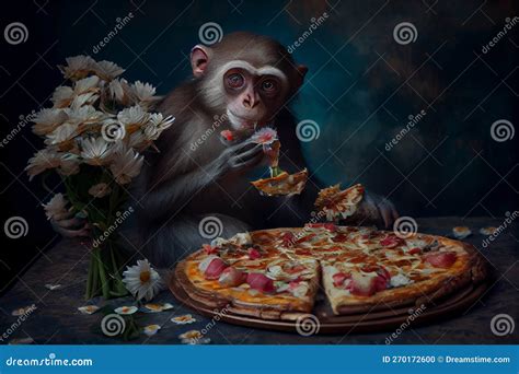 Monkey Eating Pizza, Creative Art Portrait. Generative AI Stock Photo ...