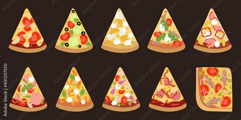 Big collection of different slices pizza top view with ingredients ...