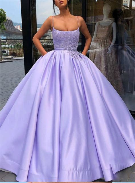 Buy Purple Ball Gown Spaghetti Straps Satin Prom Dress With Pocket ...