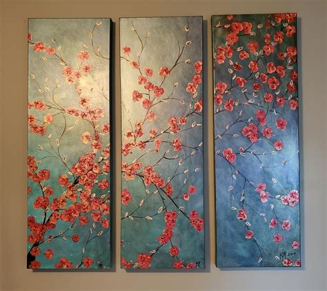 Red Floral three canvas painting Painting by Kathlene Melvin - Pixels