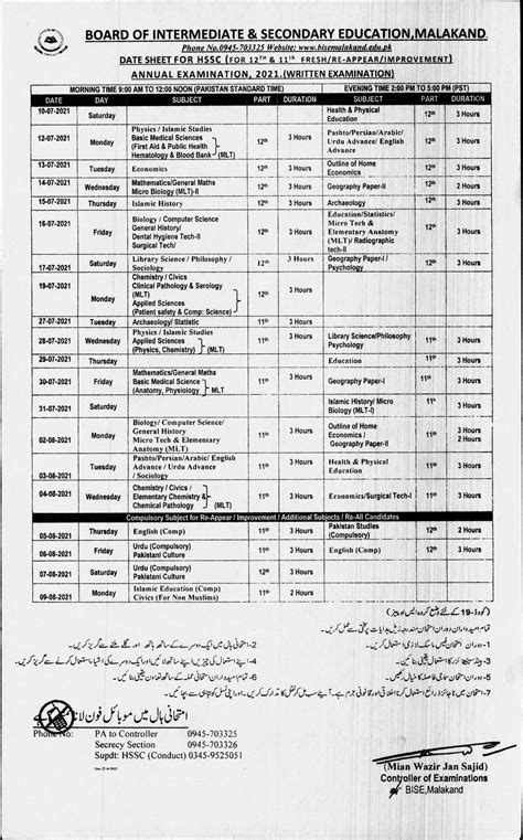 Malakand Board Inter Date Sheet 2024 For 1st Year & 2nd