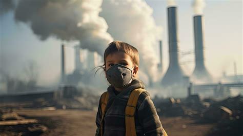 Children wearing masks to prevent air pollution Behind is the factory ...