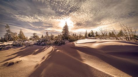 Snow Covered Hills With Trees In Background Of Sky With Clouds During ...