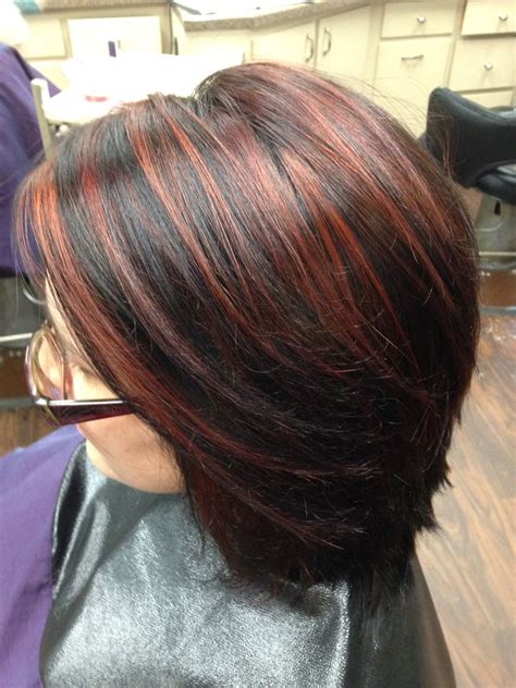 Short Dark Hair Red Highlights - Wavy Haircut