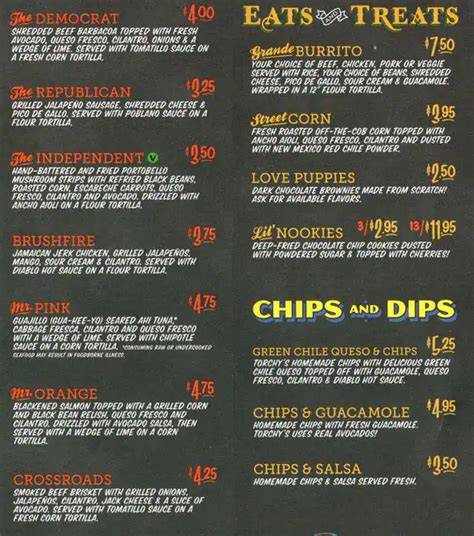 Menu at Torchy's Tacos restaurant, Fort Worth, 928 Northton St