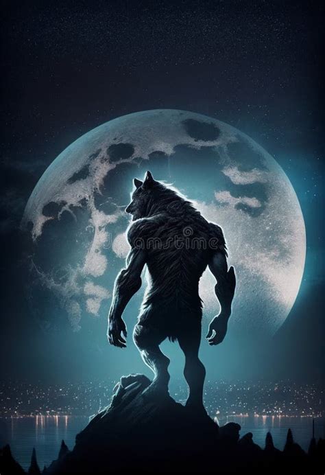 Silhouette of a Scary Werewolf Against the Background of the Full Moon ...