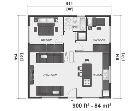 30x30 Floor Plan, Modern House Plan, 2 Bedroom House Plan, Small ...