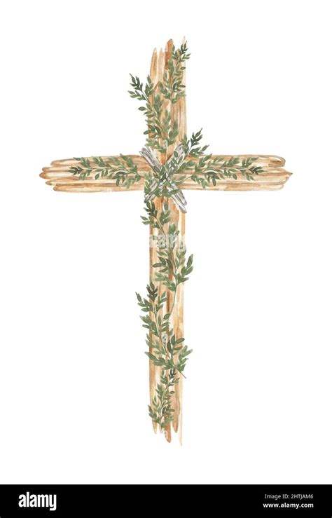 Cross Clipart, Watercolor Christian wooden cross With greenery, Baptism ...