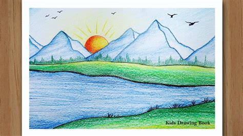 How to draw sunrise with colored pencils step by step mountain scenery ...