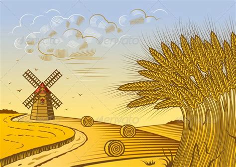 Wheat Fields Landscape | Woodcut, Illustration, Wheat fields