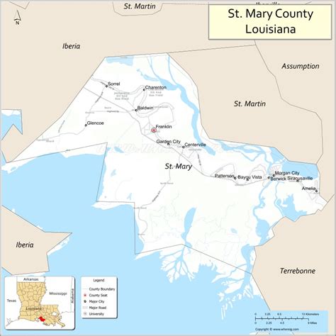 Map of St Mary Parish, Louisiana showing cities, highways & important ...