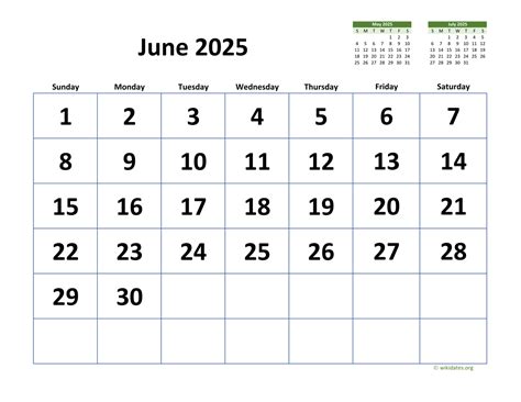 June 2025 Calendar with Extra-large Dates | WikiDates.org