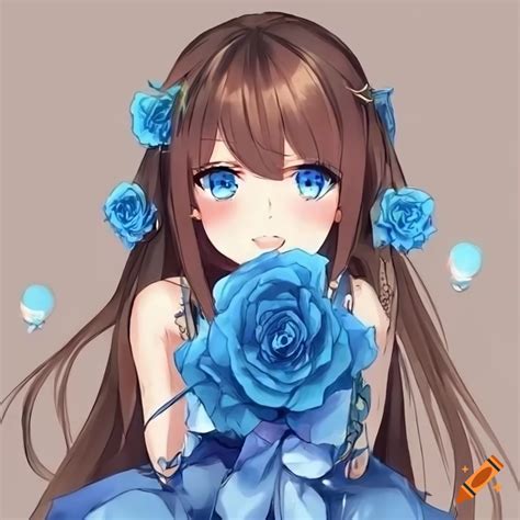 Anime style girl with brown hair and blue eyes holding blue roses on ...