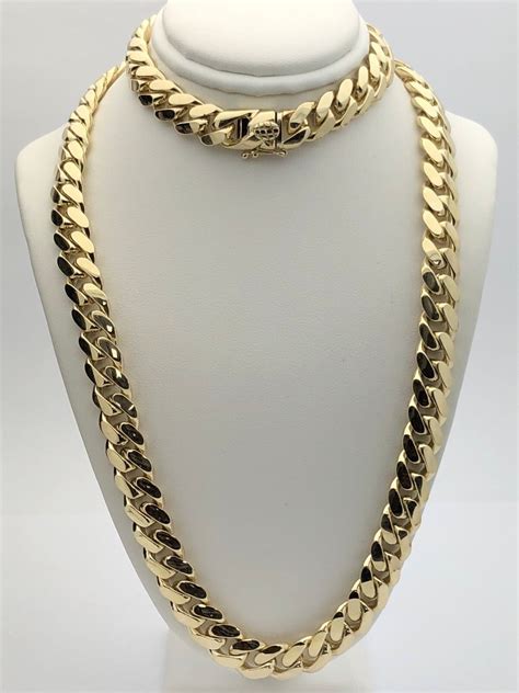 Men's 10k Yellow Gold Solid Heavy Miami Cuban Chain Necklace 22" 10.4mm ...