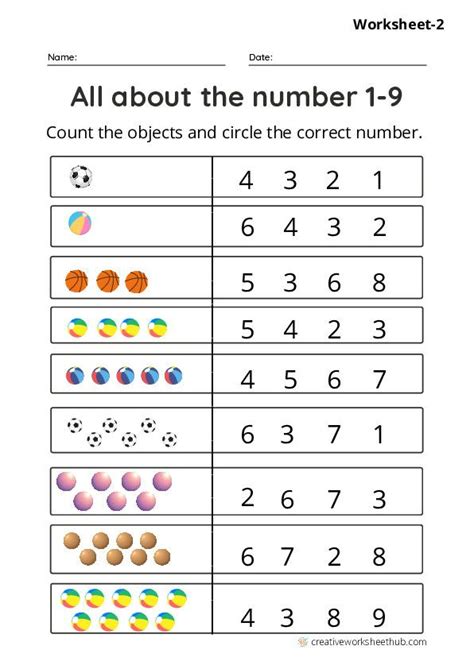 Numbers 1 to 9 worksheets for kindergarten – Artofit