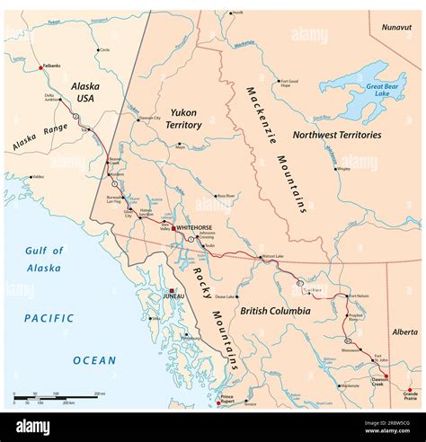 Vector road map of the Alaska Highway from Delta Junction to Dawson ...