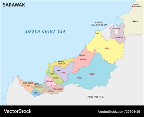 Administrative map sarawak malaysia Royalty Free Vector