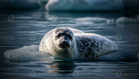 Fat seal pup resting on ice floe, looking at camera generated by AI ...