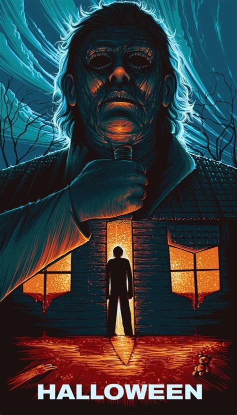 a movie poster for halloween with a man standing in front of a house