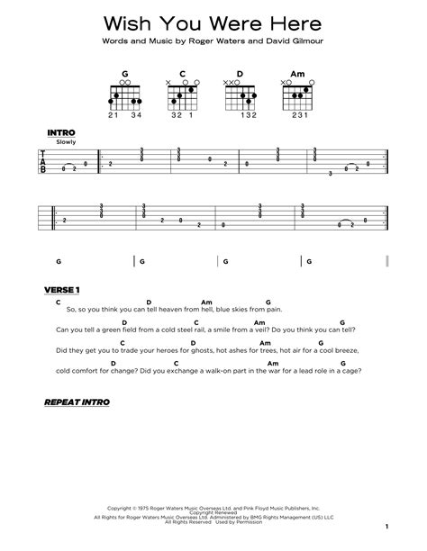 Wish You Were Here Sheet Music Pink Floyd Guitar Chords/Lyrics ...