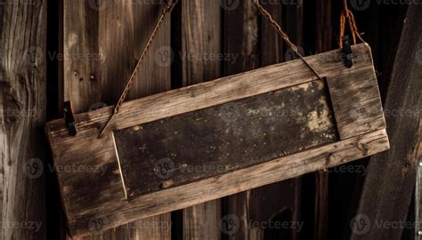 Rustic wooden sign hanging by rope on weathered plank frame generated ...