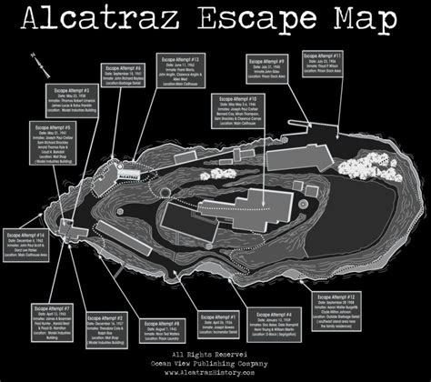 Map of Alcatraz escape attempts. No. 13 shows the one attempt that some ...