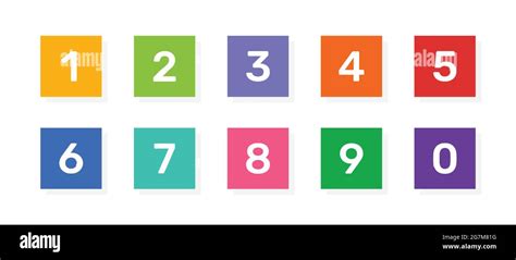 Numbers 1, 2, 3, 4, 5, 6, 7, 8, 9 and 0 vector icons on colorful square ...