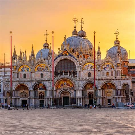 The beautiful Saint Mark's Basilica at sunset. The most famous of the ...